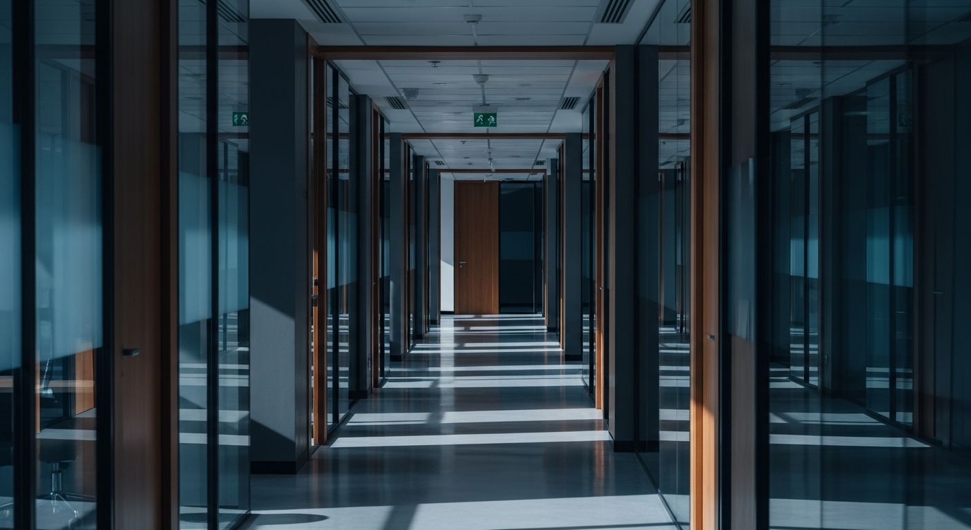 Corredor corporativo com estrutura de vidro representando transparência e estrutura institucional em ambiente financeiro moderno