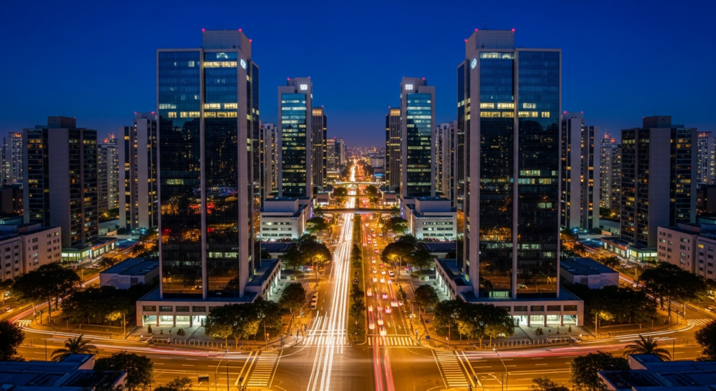 Centro financeiro urbano à noite com arranha-céus iluminados, representando mercado de capitais global