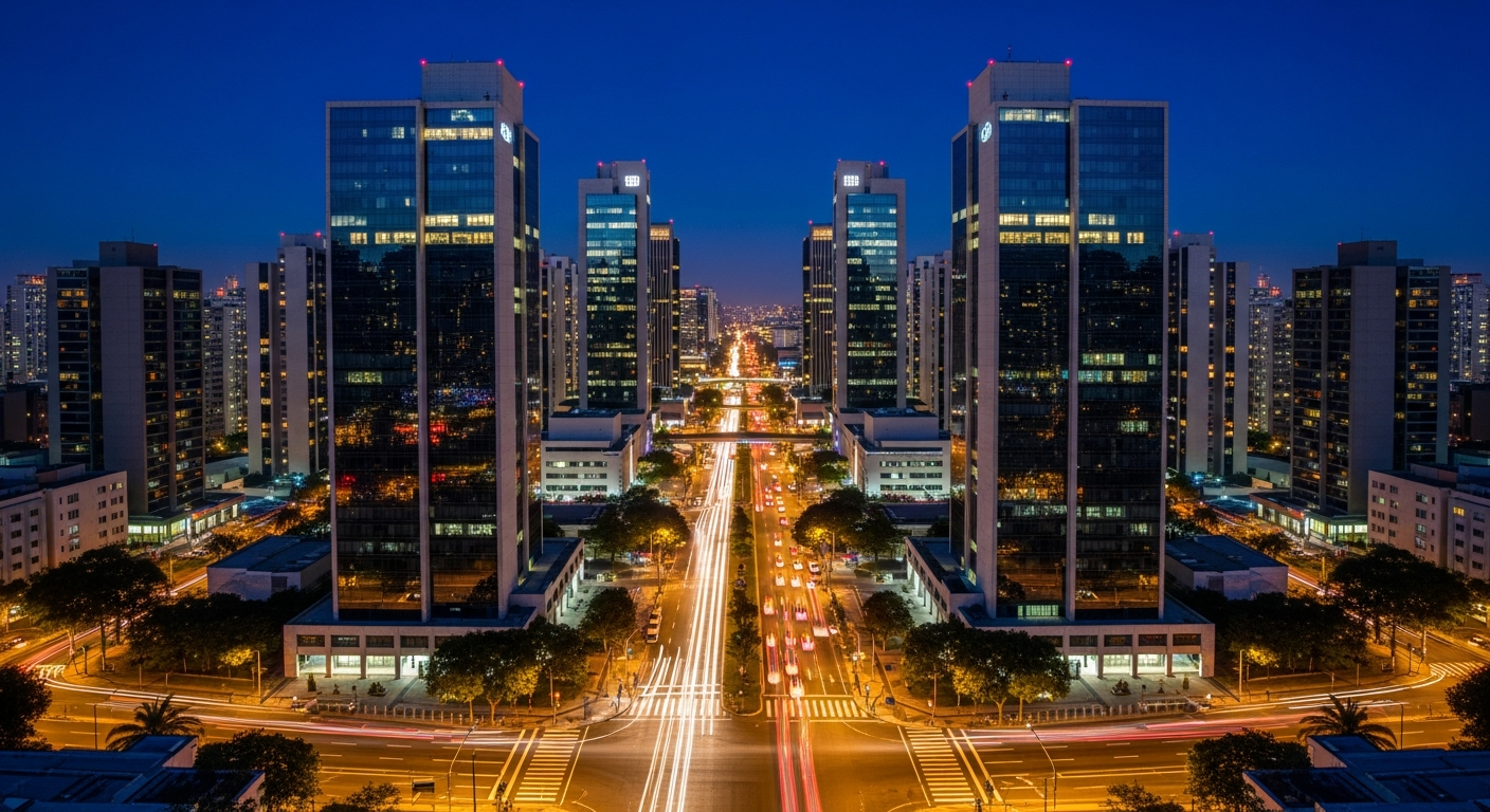 Centro financeiro urbano à noite com arranha-céus iluminados, representando mercado de capitais global