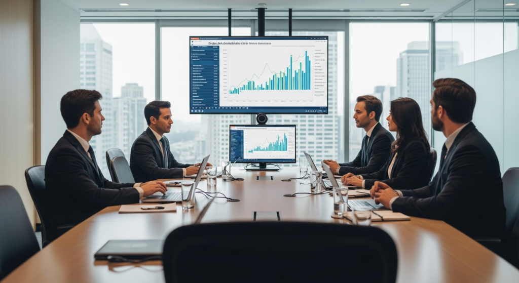 Sala de reunião corporativa com gráficos de alocação financeira nos monitores