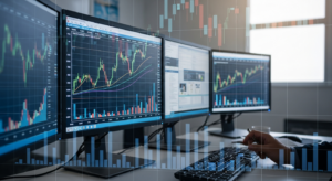 Mesa com múltiplos monitores financeiros transmitindo sobrecarga de informação