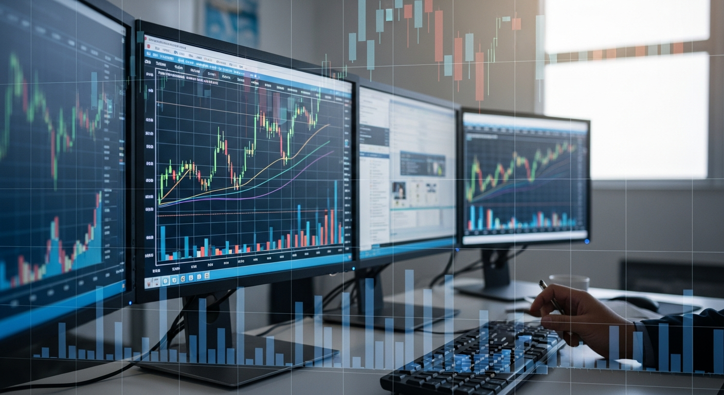 Mesa com múltiplos monitores financeiros transmitindo sobrecarga de informação