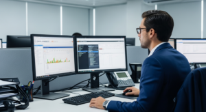 Ambiente de fintech com telas de sistemas de mercado de capitais e infraestrutura tecnológica