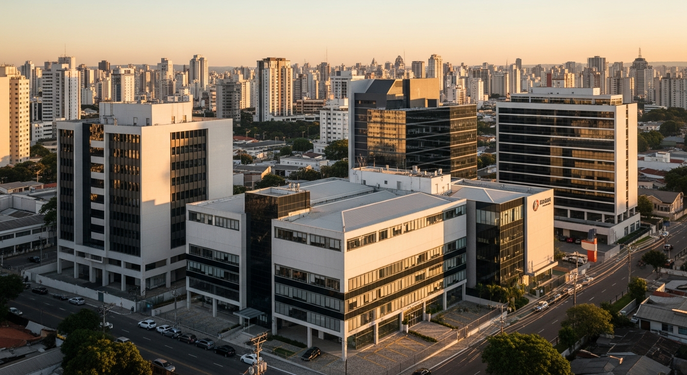 Skyline de metrópole brasileira com edifícios comerciais ao entardecer