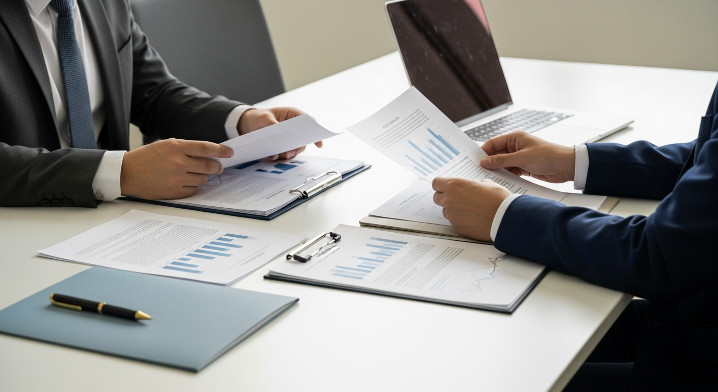 Mesa de reunião com documentos financeiros e computador aberto, ambiente corporativo