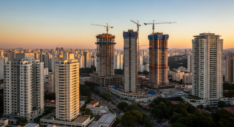Vista aérea de bairros nobres de São Paulo com prédios residenciais e gruas de construção ao entardecer