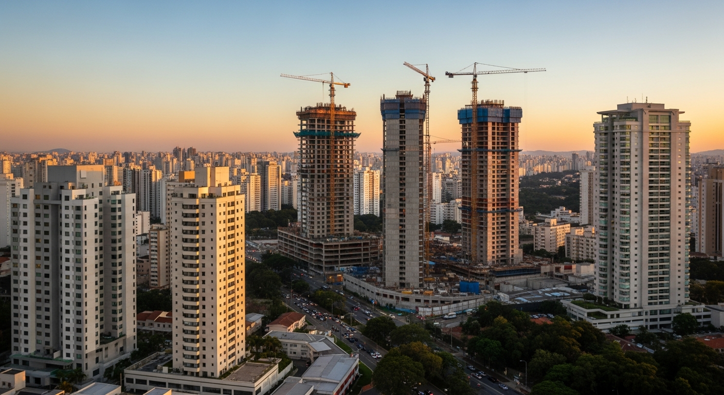 Vista aérea de bairros nobres de São Paulo com prédios residenciais e gruas de construção ao entardecer