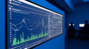 Painel de monitoramento de mídias digitais com métricas de alcance em gráficos