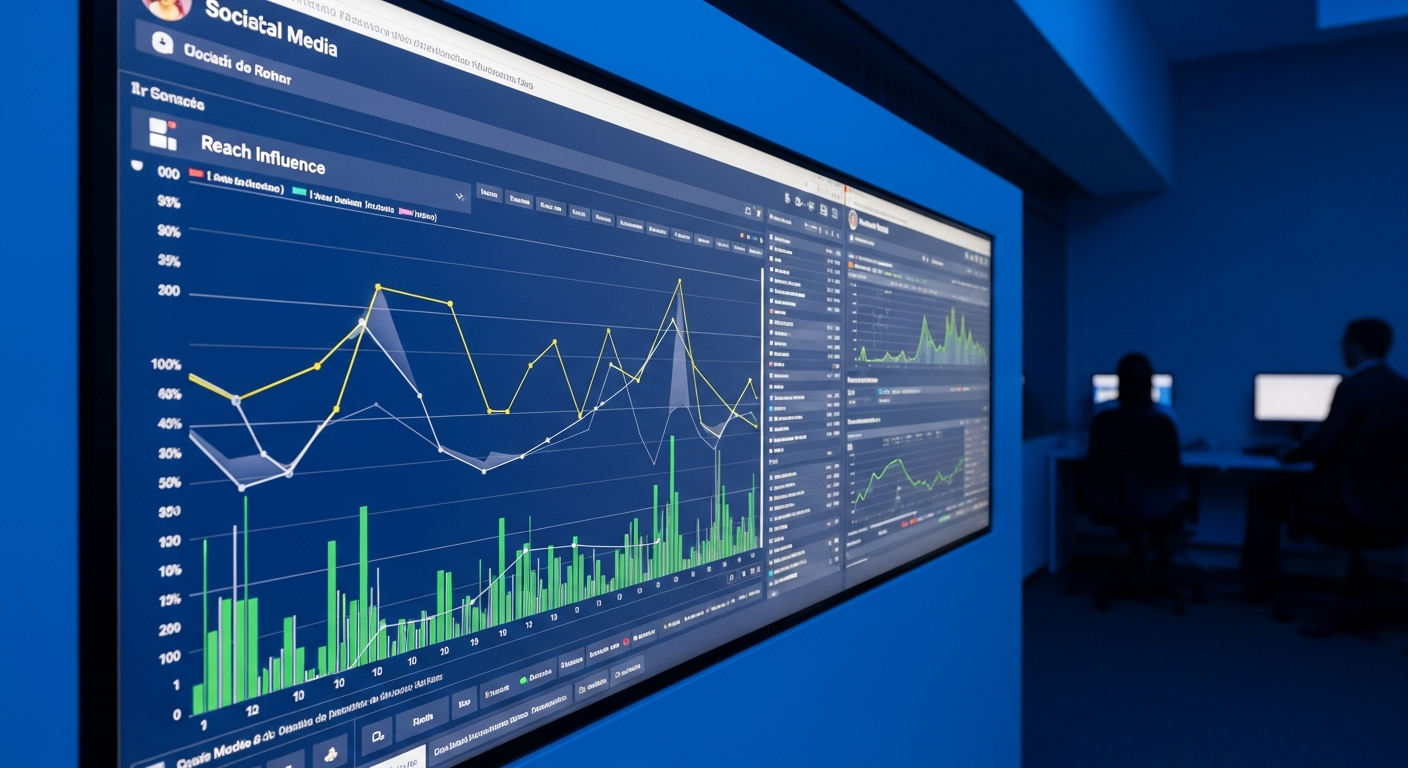 Painel de monitoramento de mídias digitais com métricas de alcance em gráficos
