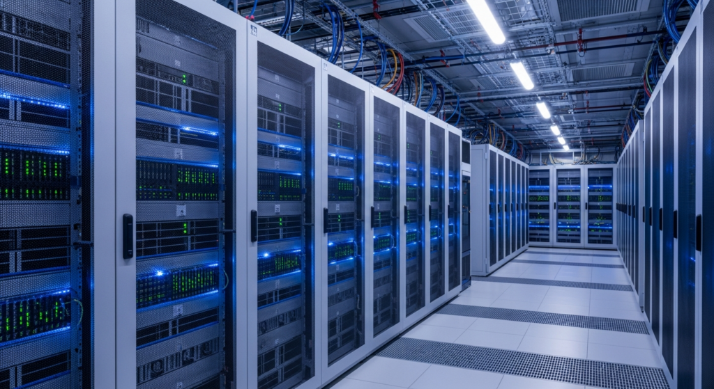 Corredor de data center com servidores em fileiras e iluminação LED