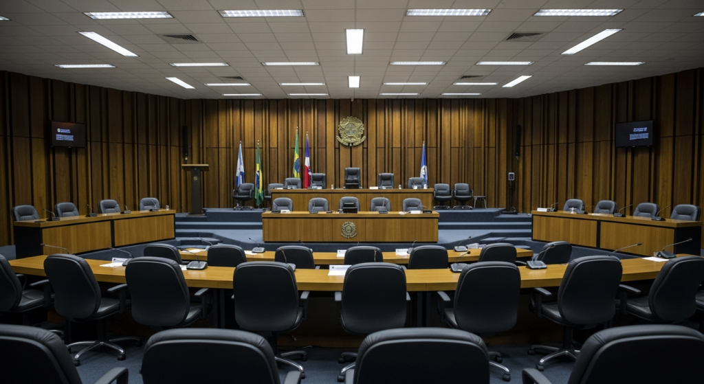 sala de julgamento institucional vazia com mesa longa e cadeiras formais