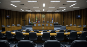 sala de julgamento institucional vazia com mesa longa e cadeiras formais