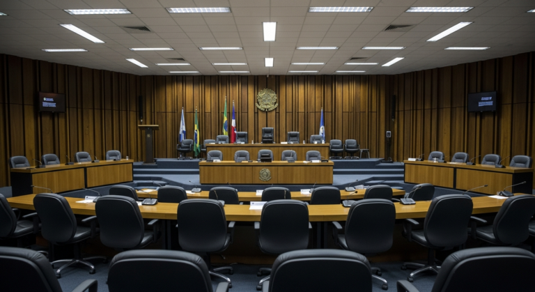 sala de julgamento institucional vazia com mesa longa e cadeiras formais