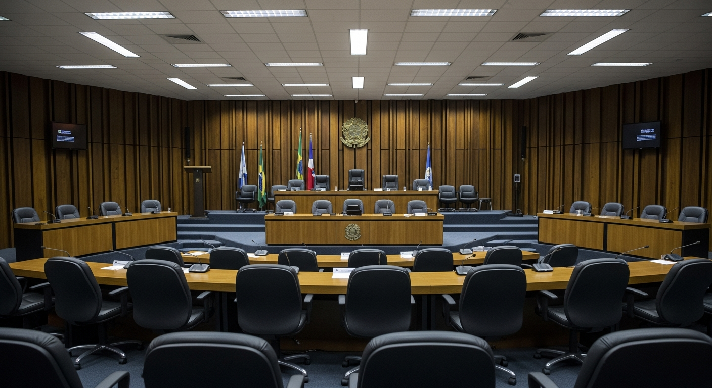 sala de julgamento institucional vazia com mesa longa e cadeiras formais