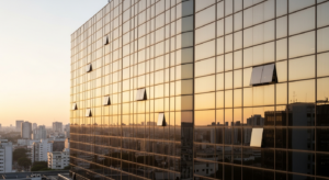 Fachada de edifício corporativo de vidro espelhado ao entardecer, luz dourada, estética financeira editorial