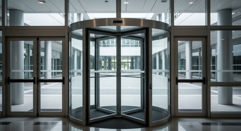 Porta bloqueada em prédio corporativo representando restrição de liquidez em fundo de crédito privado