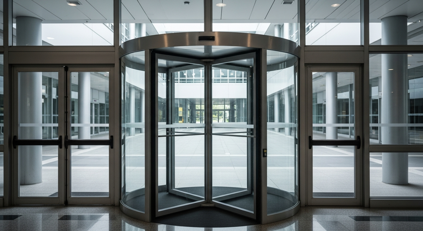 Porta bloqueada em prédio corporativo representando restrição de liquidez em fundo de crédito privado