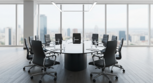 Sala de reunião executiva vazia em arranha-céu financeiro, com mesa oval e vista urbana