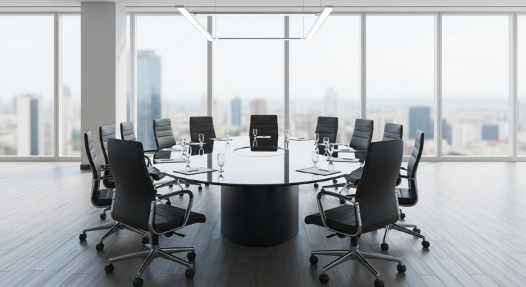 Sala de reunião executiva vazia em arranha-céu financeiro, com mesa oval e vista urbana
