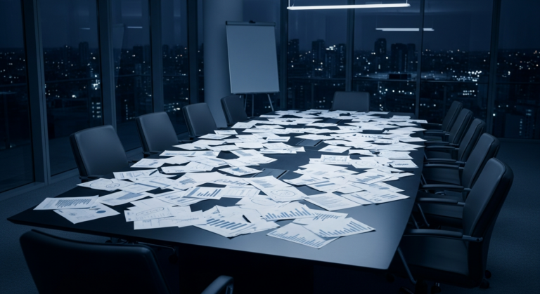 Sala de reunião executiva vazia com documentos financeiros espalhados em crise corporativa