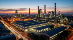 Complexo industrial estatal ao entardecer com iluminação fria e composição pesada