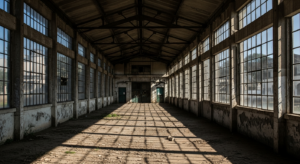 Fachada de armazém industrial antigo ao final do dia com sombras longas