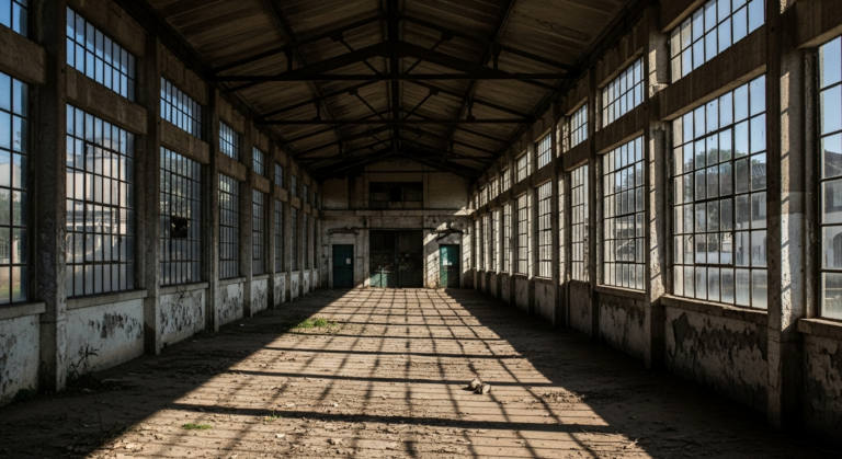 Fachada de armazém industrial antigo ao final do dia com sombras longas