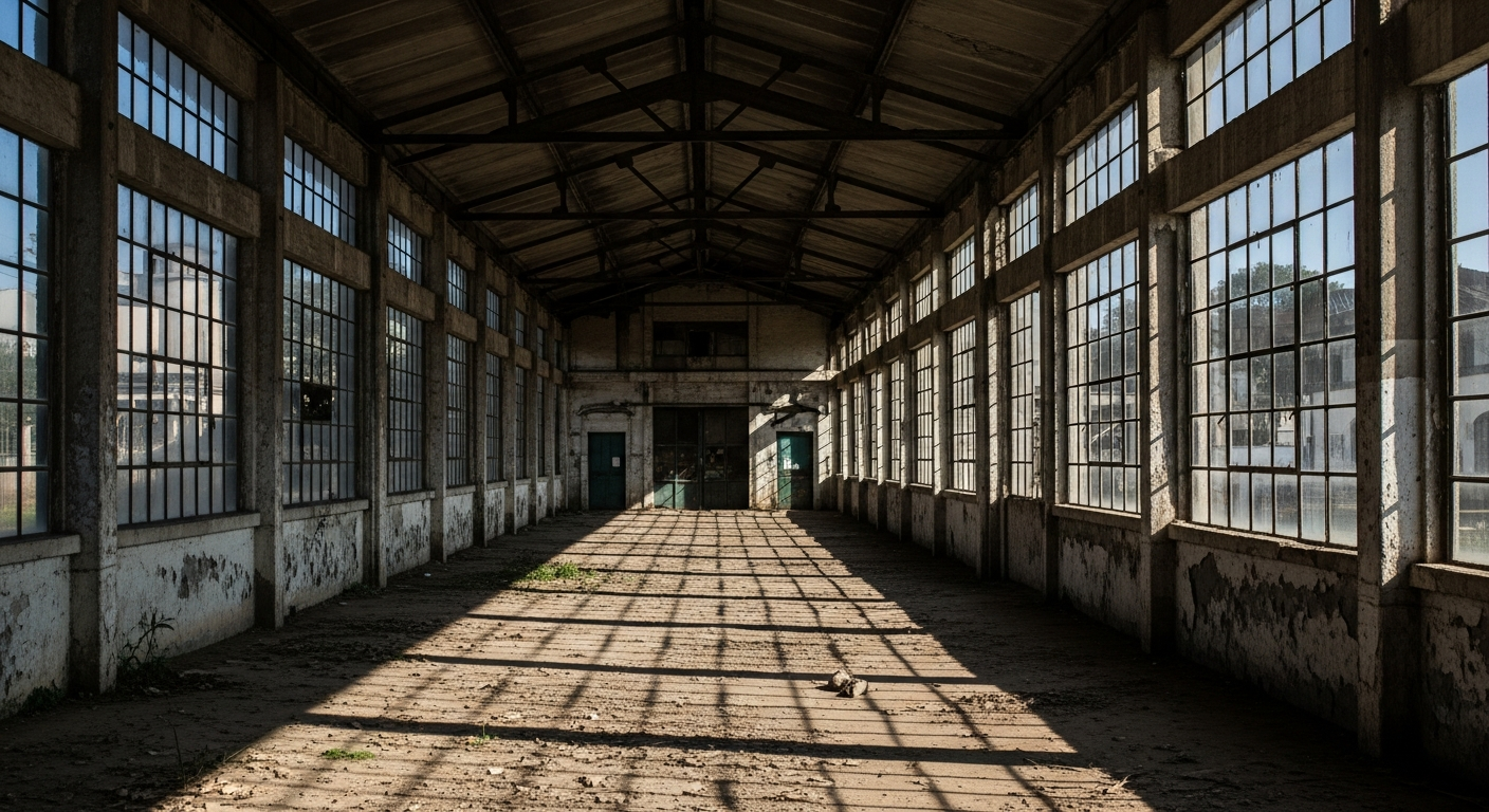 Fachada de armazém industrial antigo ao final do dia com sombras longas