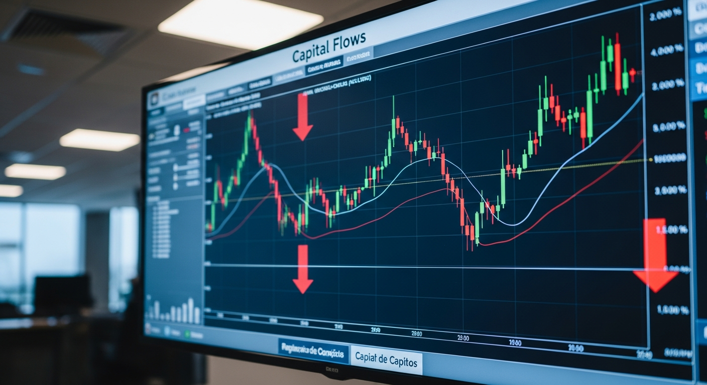 Painel de monitoramento de mercado com fluxo de capital estrangeiro saindo da B3 em maio de 2026