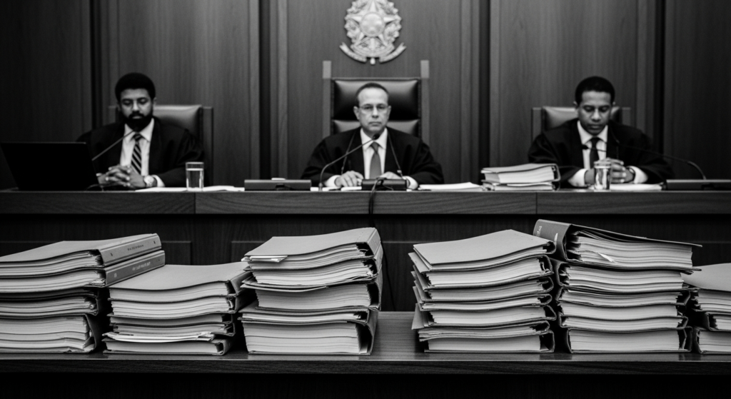 Mesa de tribunal com pilhas de documentos jurídicos em tons de cinza