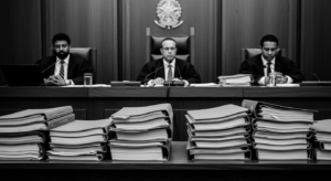 Mesa de tribunal com pilhas de documentos jurídicos em tons de cinza