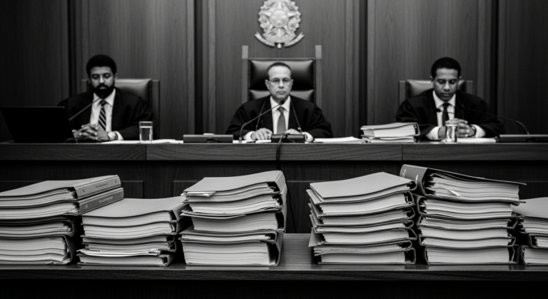 Mesa de tribunal com pilhas de documentos jurídicos em tons de cinza