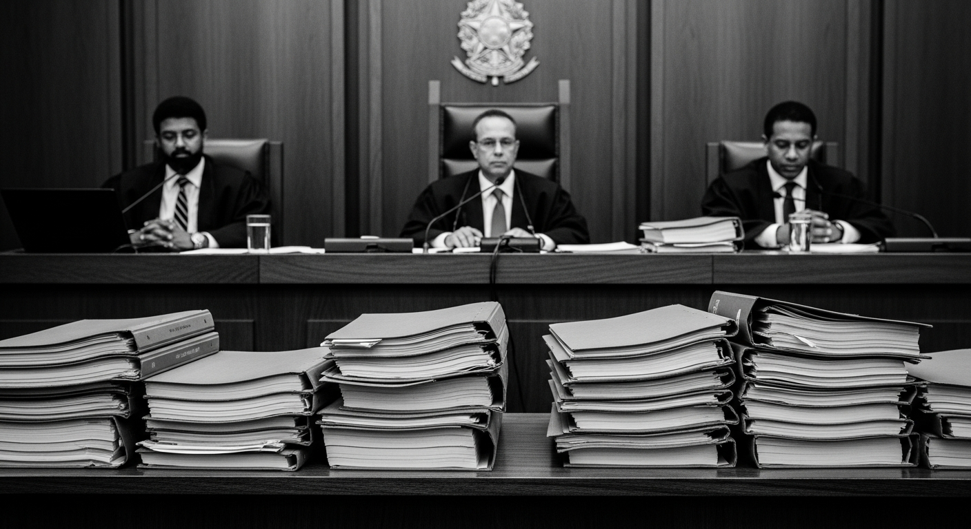 Mesa de tribunal com pilhas de documentos jurídicos em tons de cinza