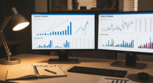 Mesa de analista financeiro com monitores de mercado de crédito e caderno de anotações