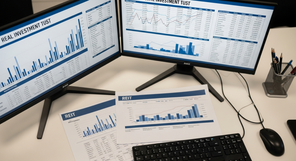 Mesa de analista com monitores exibindo gráficos de FIIs e documentos de prospecto de fundo imobiliário