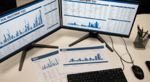Mesa de analista com monitores exibindo gráficos de FIIs e documentos de prospecto de fundo imobiliário