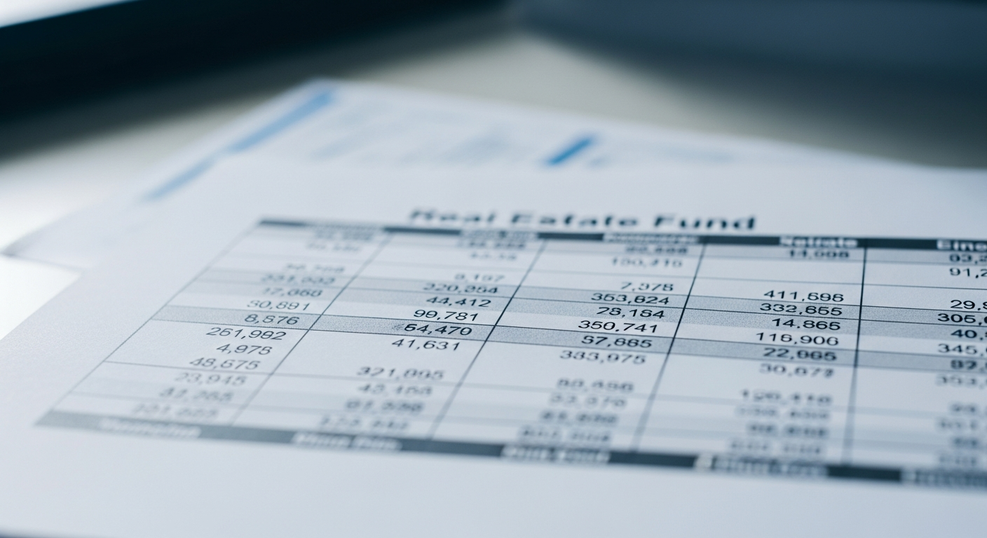 Planilha financeira com dados de fundos imobiliários sobre mesa de escritório