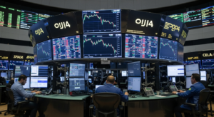 Sala de pregão com operadores observando gráficos de queda na bolsa brasileira