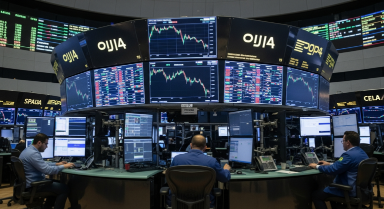 Sala de pregão com operadores observando gráficos de queda na bolsa brasileira