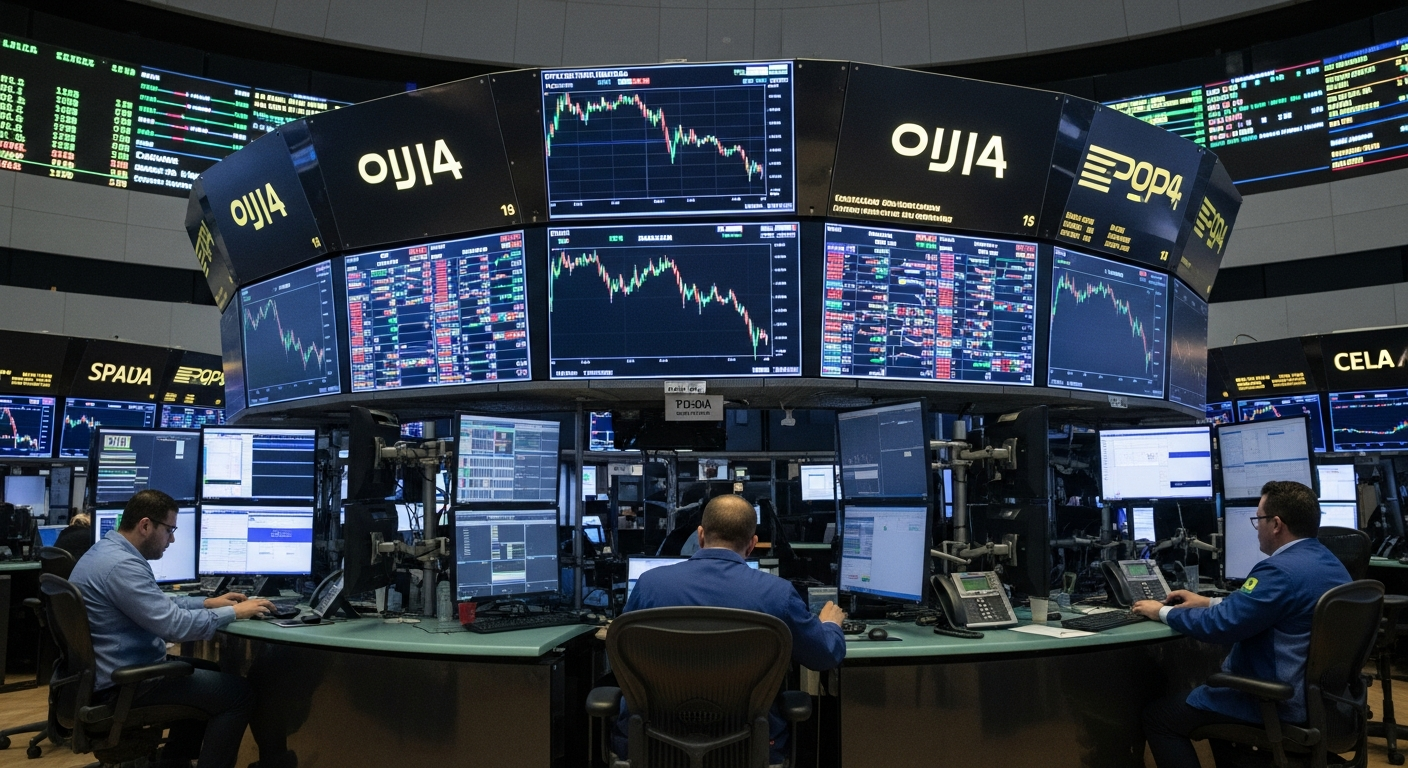 Sala de pregão com operadores observando gráficos de queda na bolsa brasileira