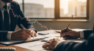 Executivo assinando ordem de compra de ações com gráfico de queda ao fundo