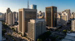 vista aérea de quarteirão com prédios corporativos em cidade brasileira