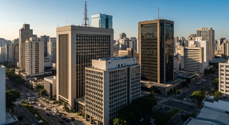 vista aérea de quarteirão com prédios corporativos em cidade brasileira