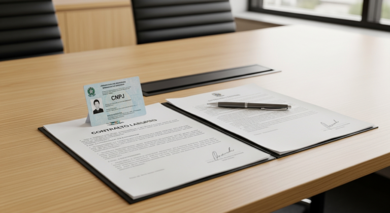 Documentos de contrato CLT e CNPJ sobre mesa de escritório corporativo