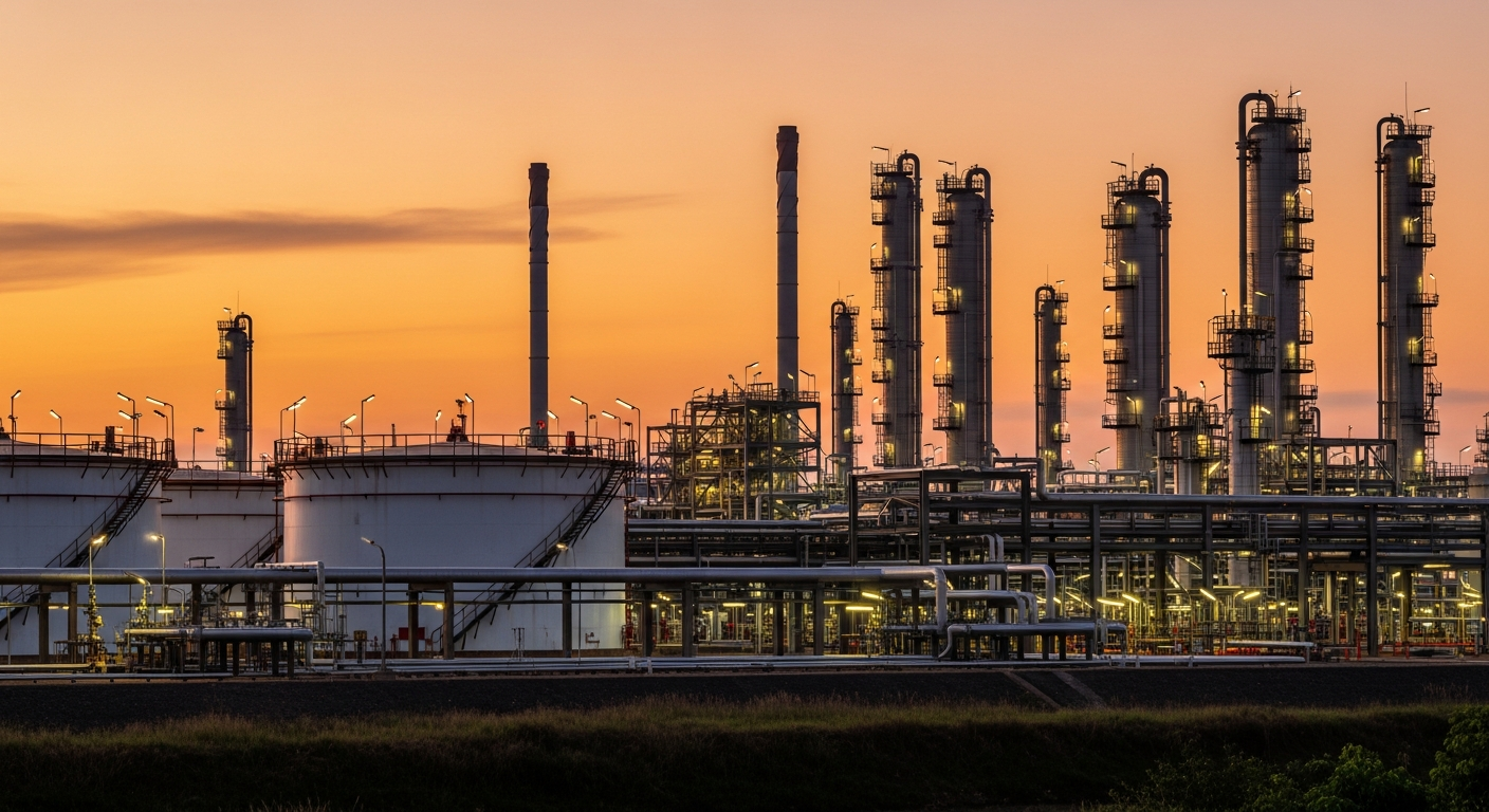 Complexo industrial petroquímico da Braskem ao entardecer com tanques e tubulações em primeiro plano