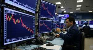 sala de operações financeira com telas de gráficos em queda em tons vermelhos