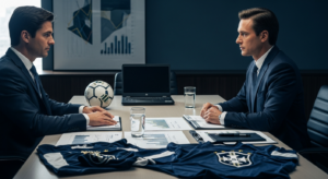 Mesa executiva com documentos financeiros e elementos esportivos, composição editorial profissional