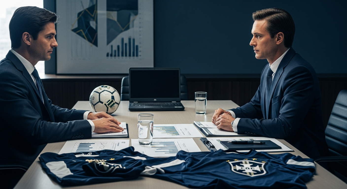 Mesa executiva com documentos financeiros e elementos esportivos, composição editorial profissional