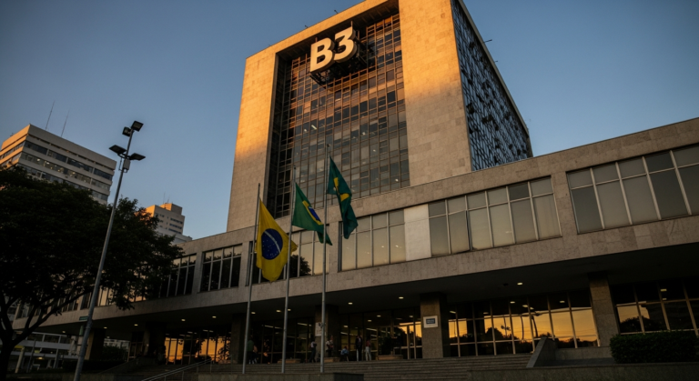 Fachada da B3 em São Paulo fotografada ao entardecer com luz dourada