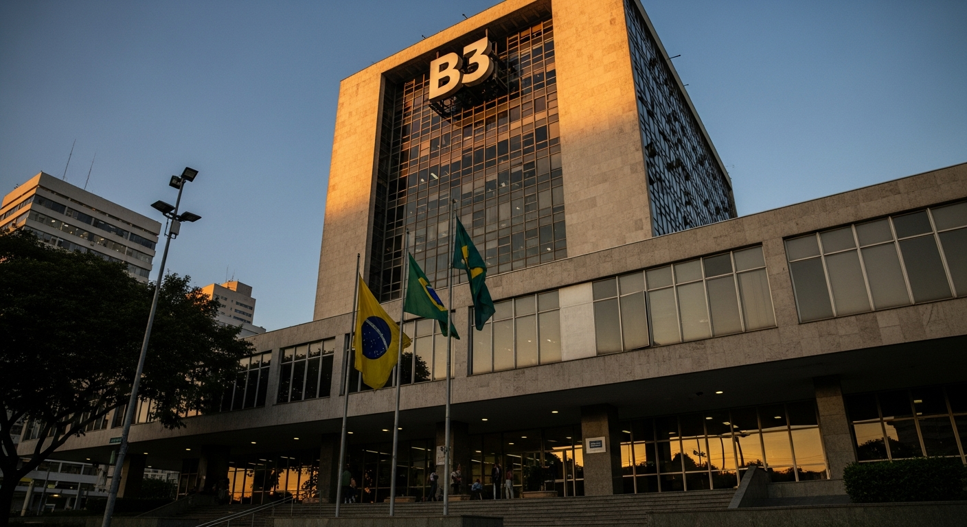 Fachada da B3 em São Paulo fotografada ao entardecer com luz dourada
